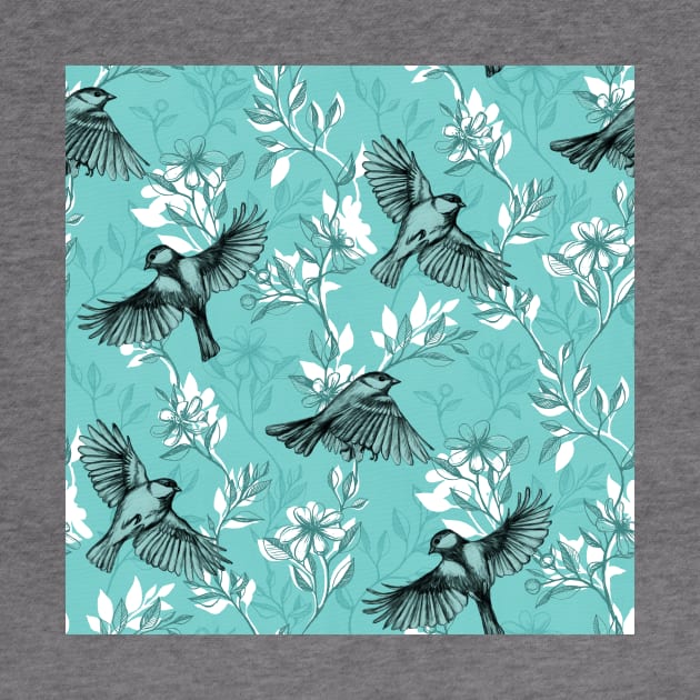 Flowers and Flight in Monochrome Teal by micklyn